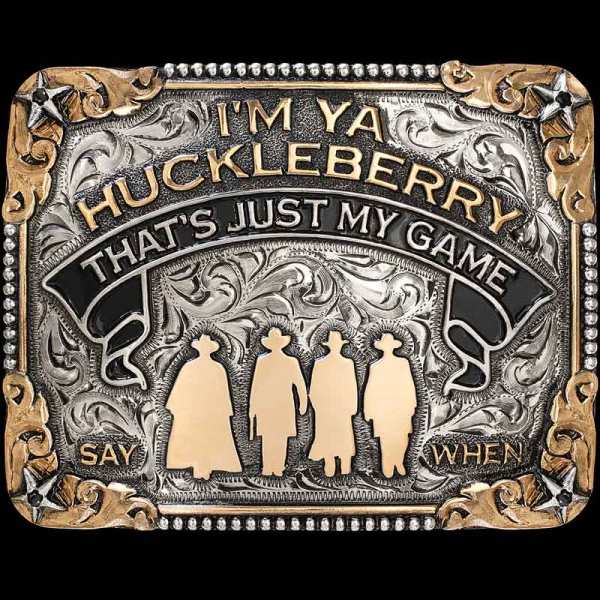 "I'm ya Huckleberry." Inspired from the classic Western movie, Tombstone, this buckle is perfect for any cowboy outfit. Order this in-stock buckle and get same-day or next-day shipping! Crafted on a hand engraved, German Silver base. Detailed wi
